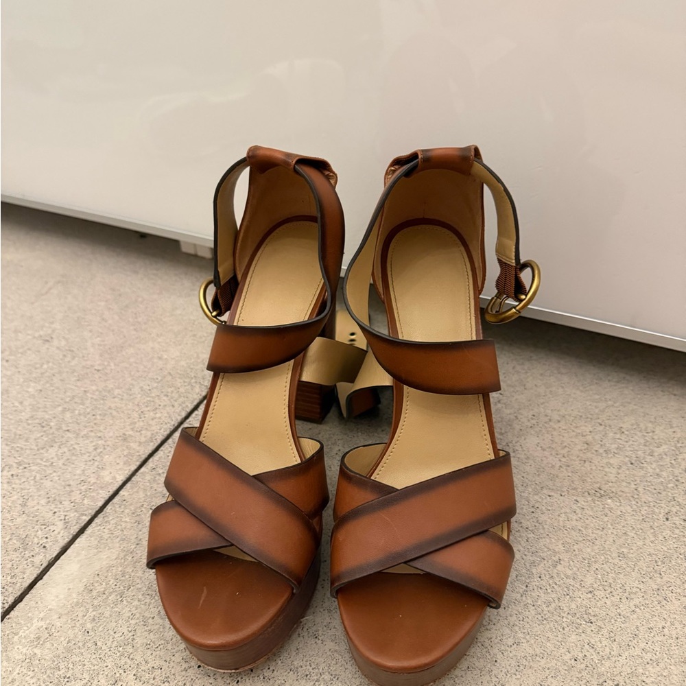 Michael Kors Brown Leather Cross-Strap Block Heel Sandals